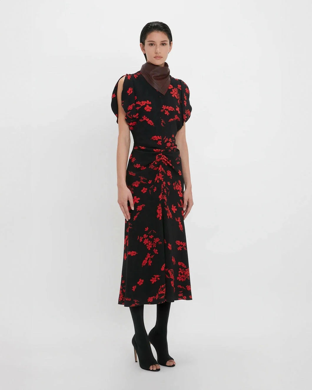 GATHERED WAIST MIDI DRESS SCIFI FLORAL BLACK - 3