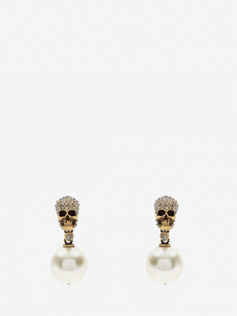 Women's Pearl Pave Skull Earrings in Antique Gold - 1
