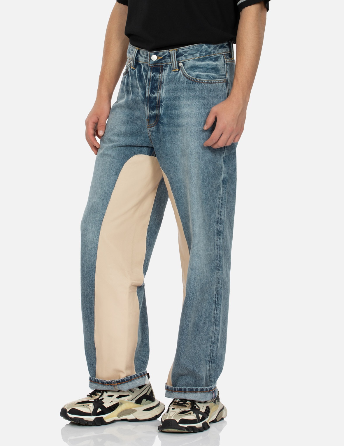LEATHER INLAY AND SEAGULL POCKETS BAGGY FIT JEANS - 8