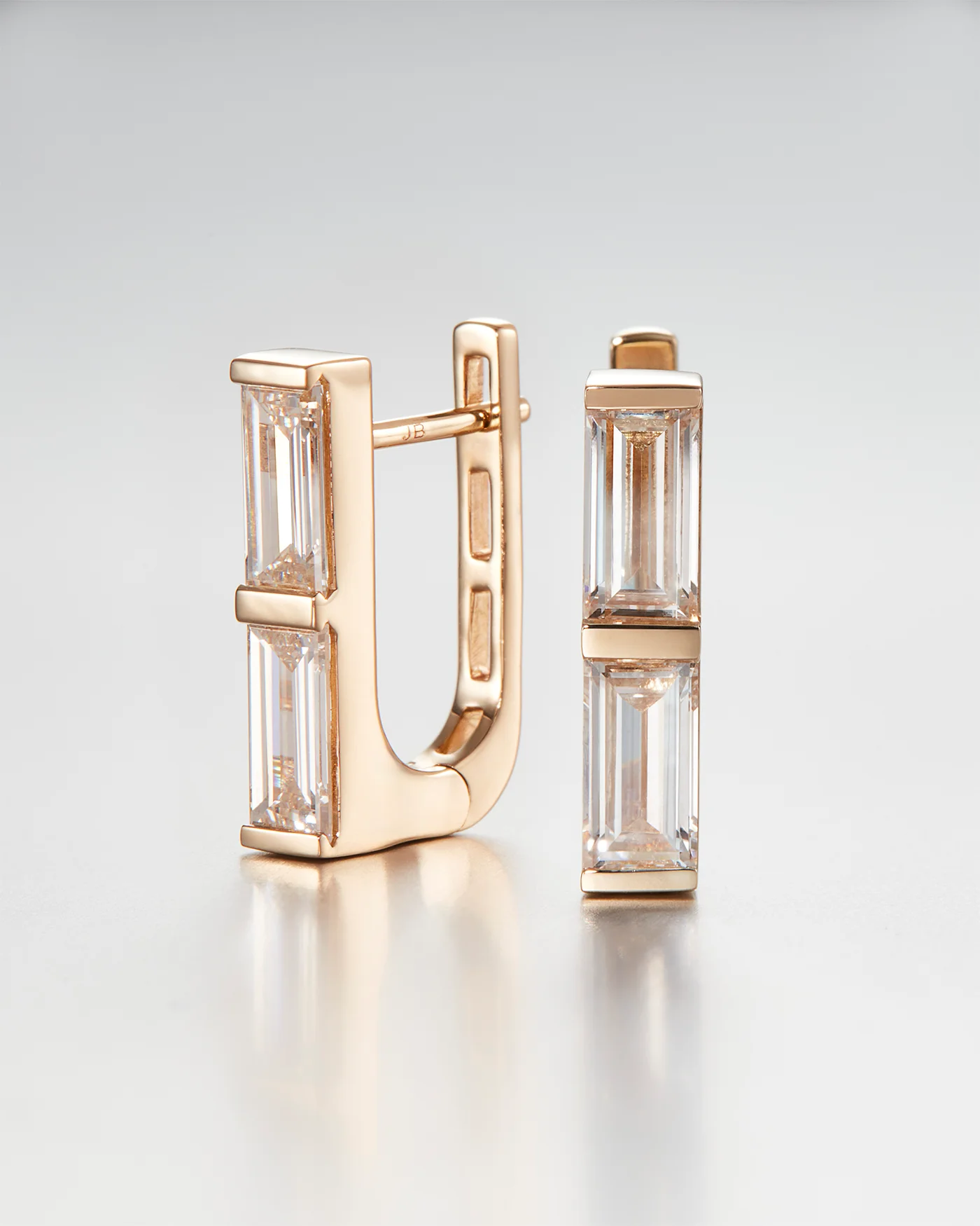 14K Stacked Baguette Diamond Huggie Earrings - 1