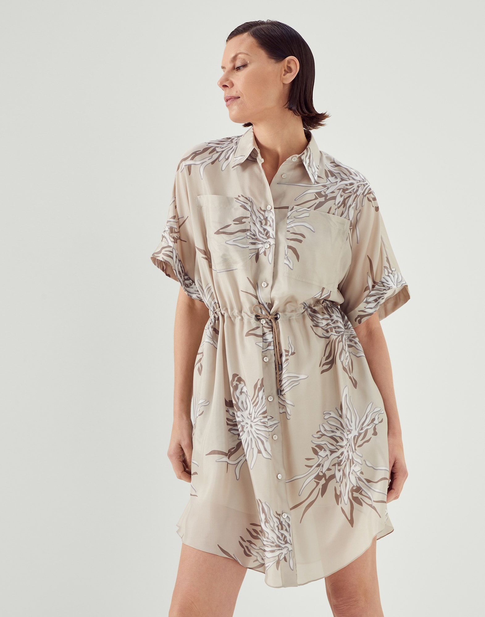 Silk marine flower pongée shirt dress with monili - 1