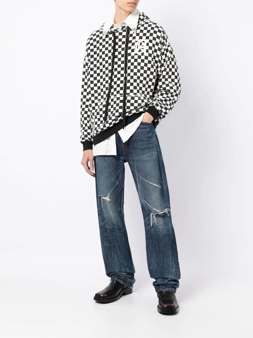 checkerboard-print cotton hoodie - 2