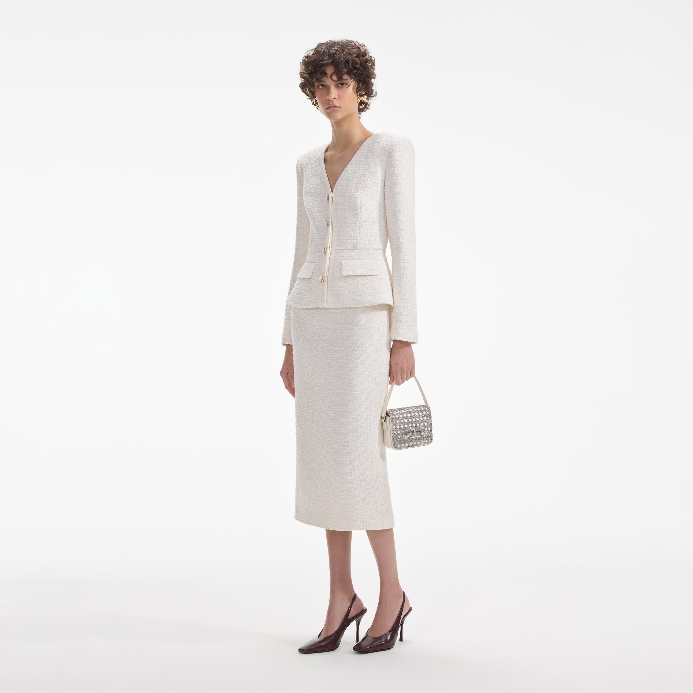 Cream Tinsel Boucle Midi Dress - 2