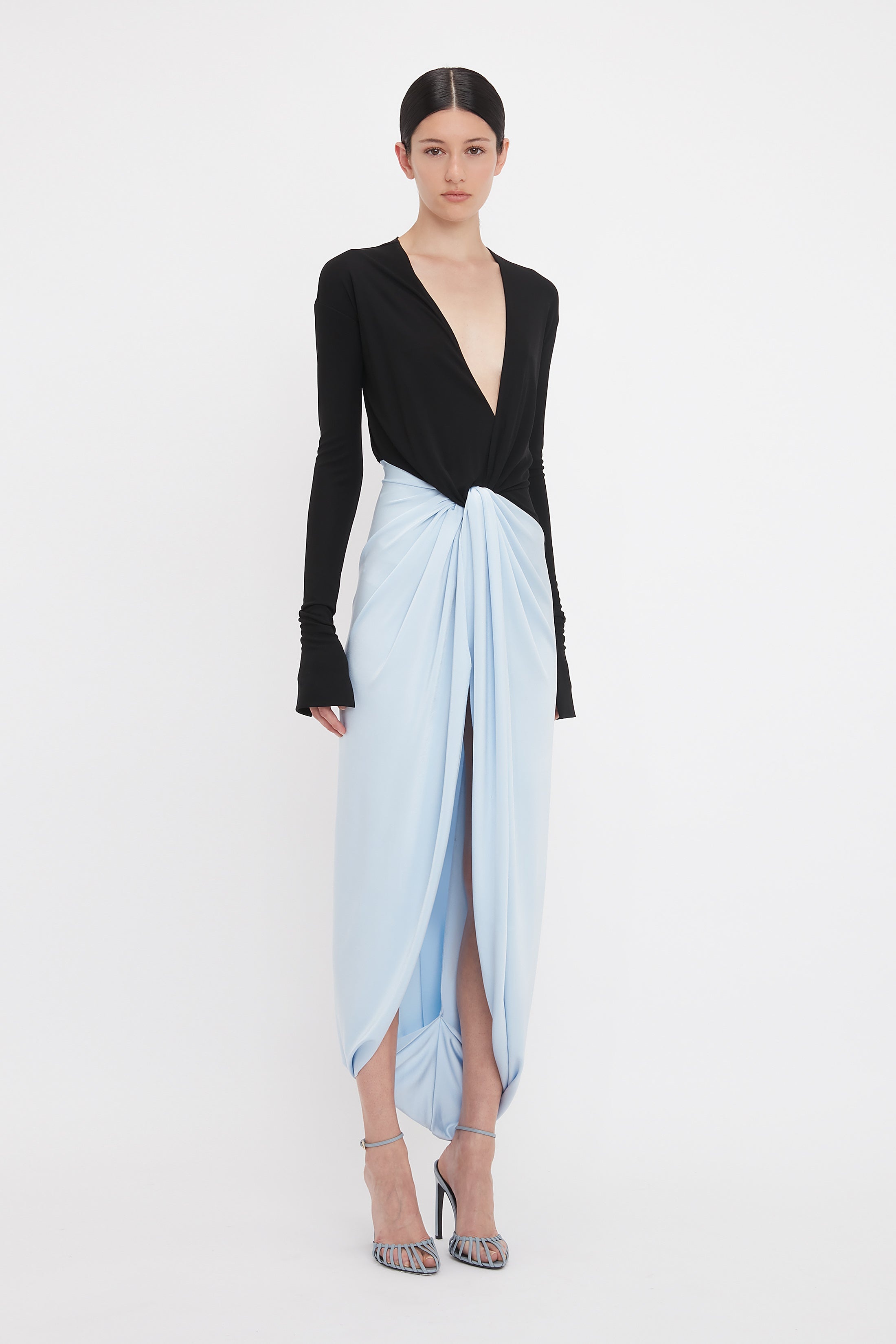 Long Sleeve Knot Detail Jersey Gown In Black-Iceberg - 3