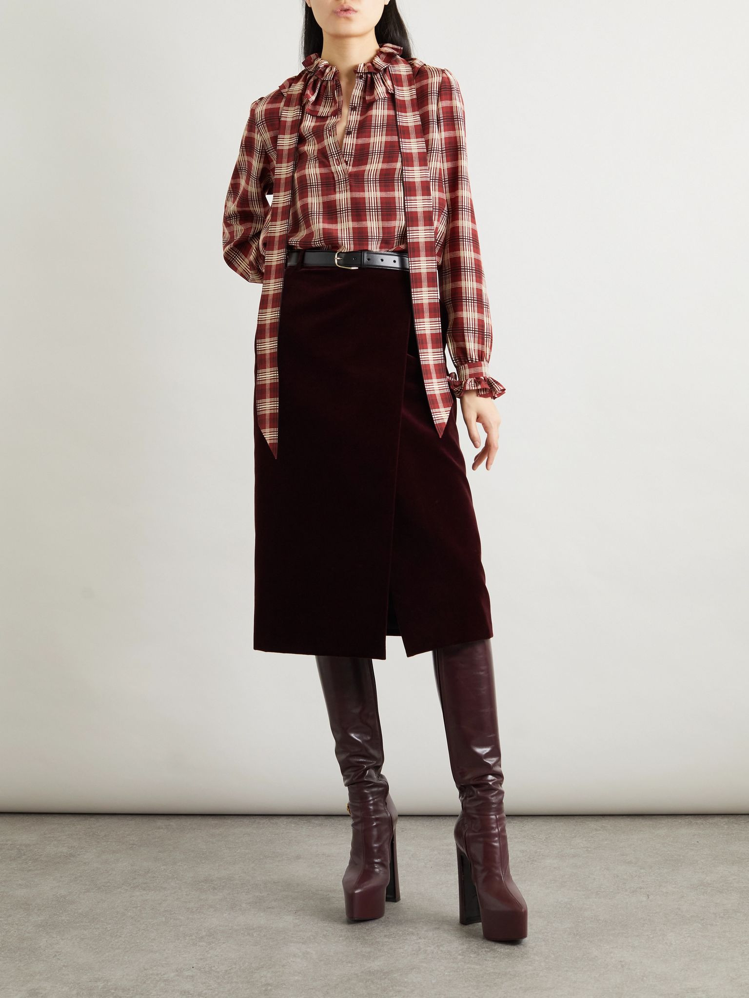 Pussy-bow ruched checked silk blouse Red - 2
