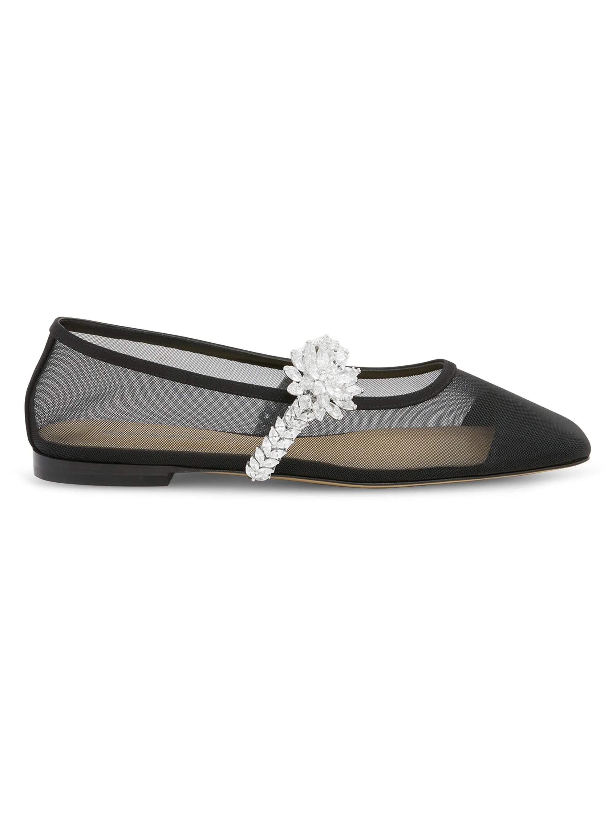 Women's Lotus Flower Jewelled Mesh Ballet Flats - Black - 1