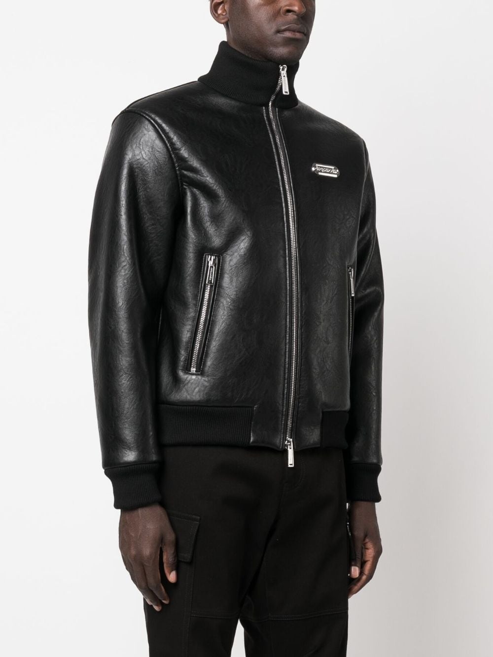 logo-plaque zipped faux-leather jacket - 3
