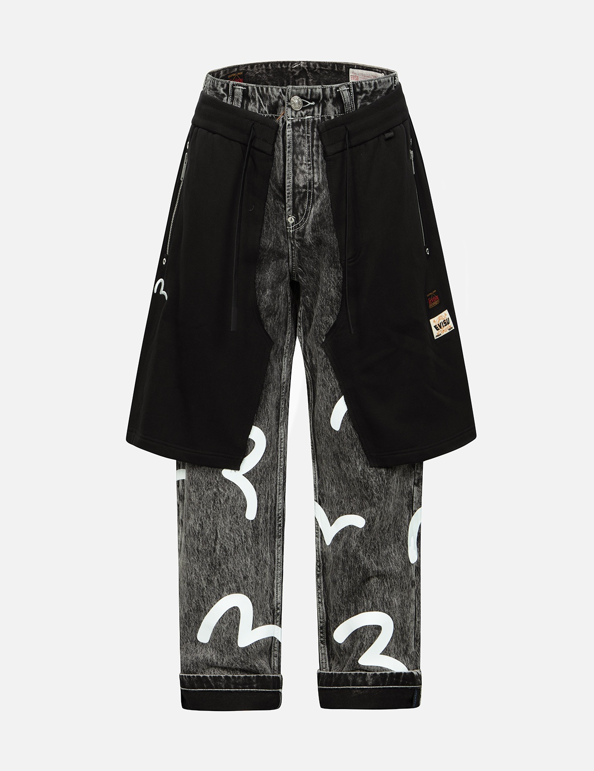 SEAGULL PRINT DOUBLE LAYER LOOSE FIT JEANS - 1