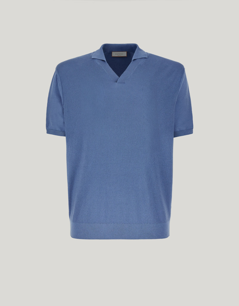 AIR FORCE BLUE OPEN-COLLAR SHORT-SLEEVED POLO SHIRT WITH SHAVED SLEEVES IN COTTON SILK 1