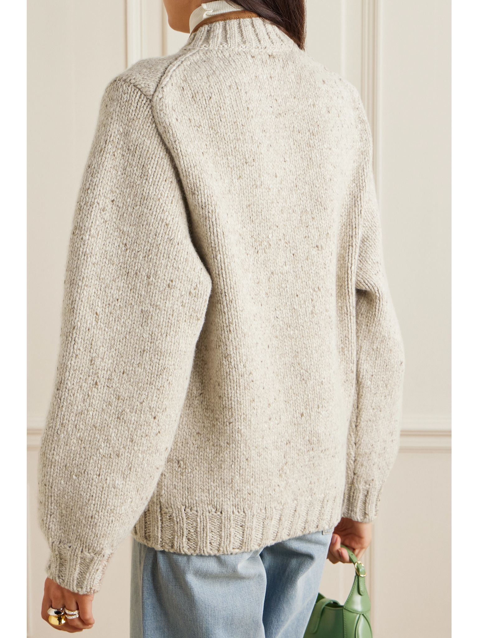 Newcastle asymmetric suede-trimmed wool and cashmere-blend cardigan Beige - 4
