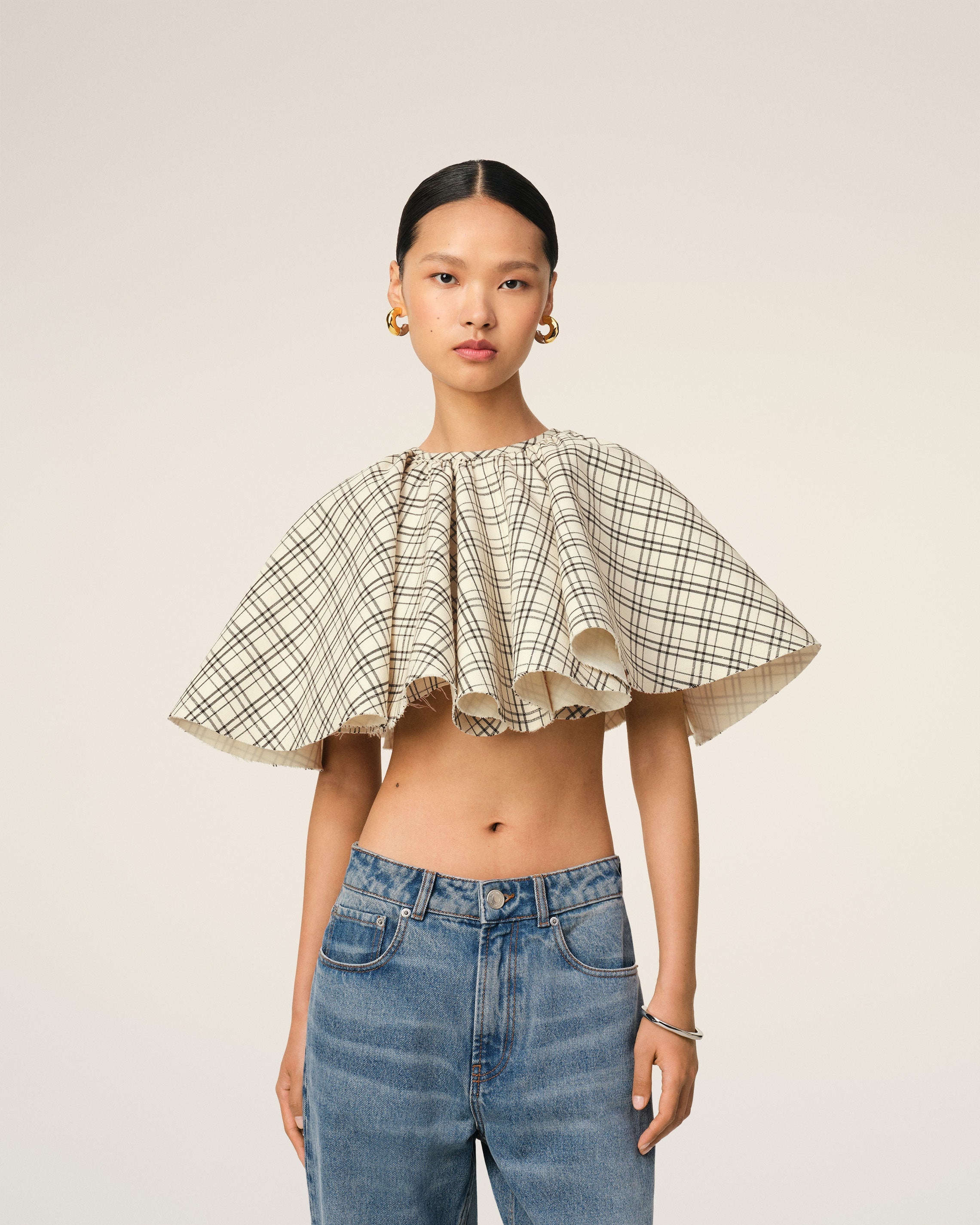 BEIGE CHECKED WOOL RUFFLED TOP - 3