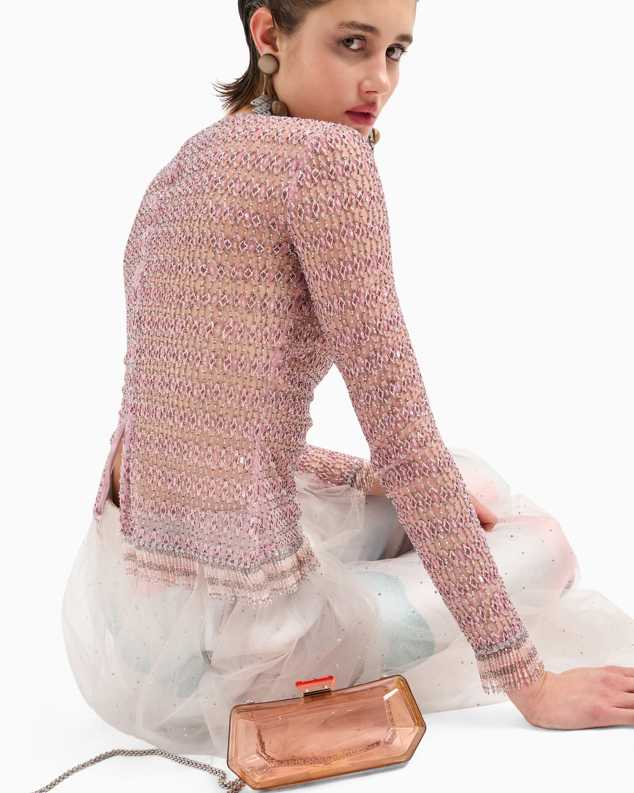 Crew-neck jumper in tulle with crystal embroidery - 5