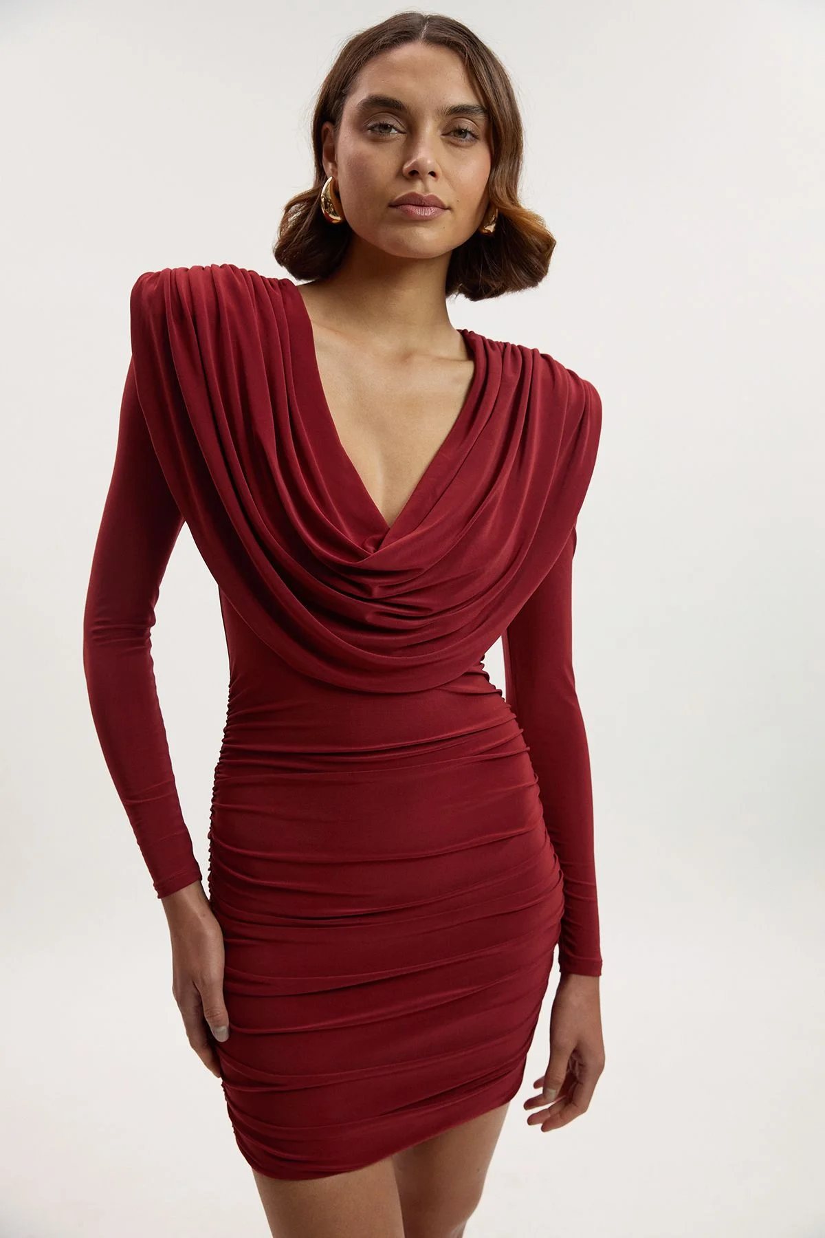 Stretch Drapey Crepe Ruched Plunge Neck Long Sleeve Mini Dress - 1