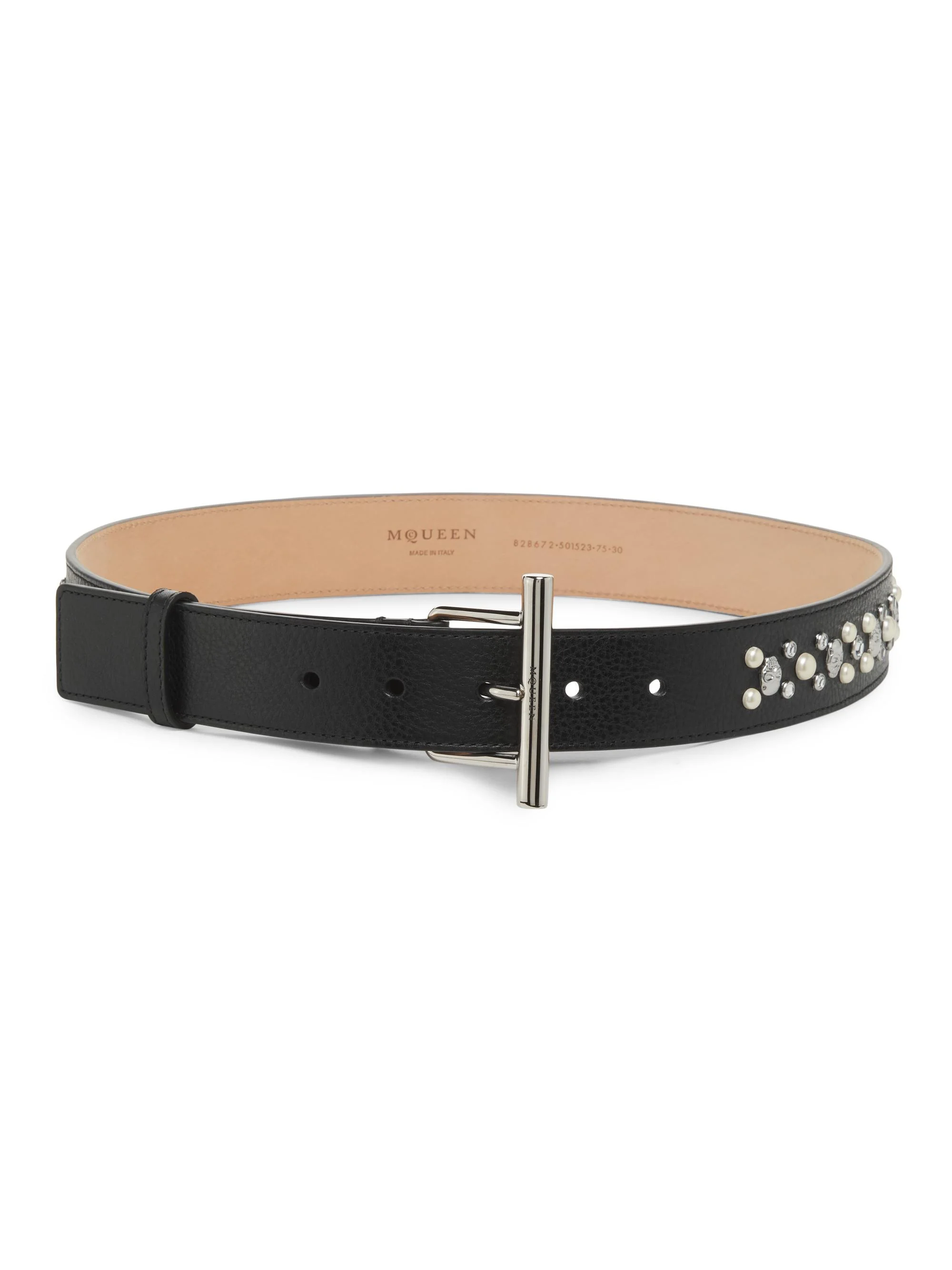 Women's T-Bar Crystal & Imitation Pearl-Studded Leather Belt - Black Silver - 1