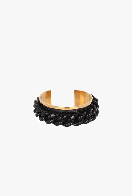 Lacquered black and gold-tone brass chain cuff bracelet - 1