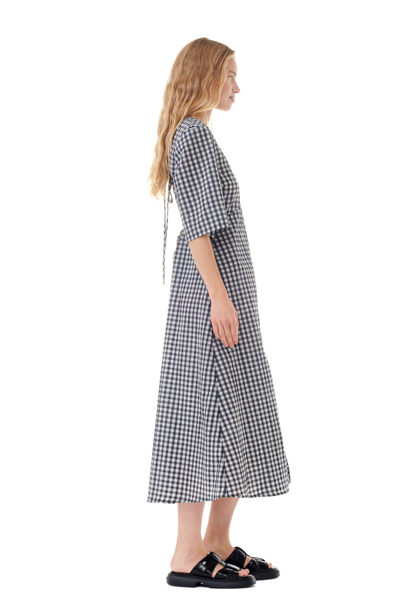 SEERSUCKER CHECK V-NECK LONG DRESS - 4