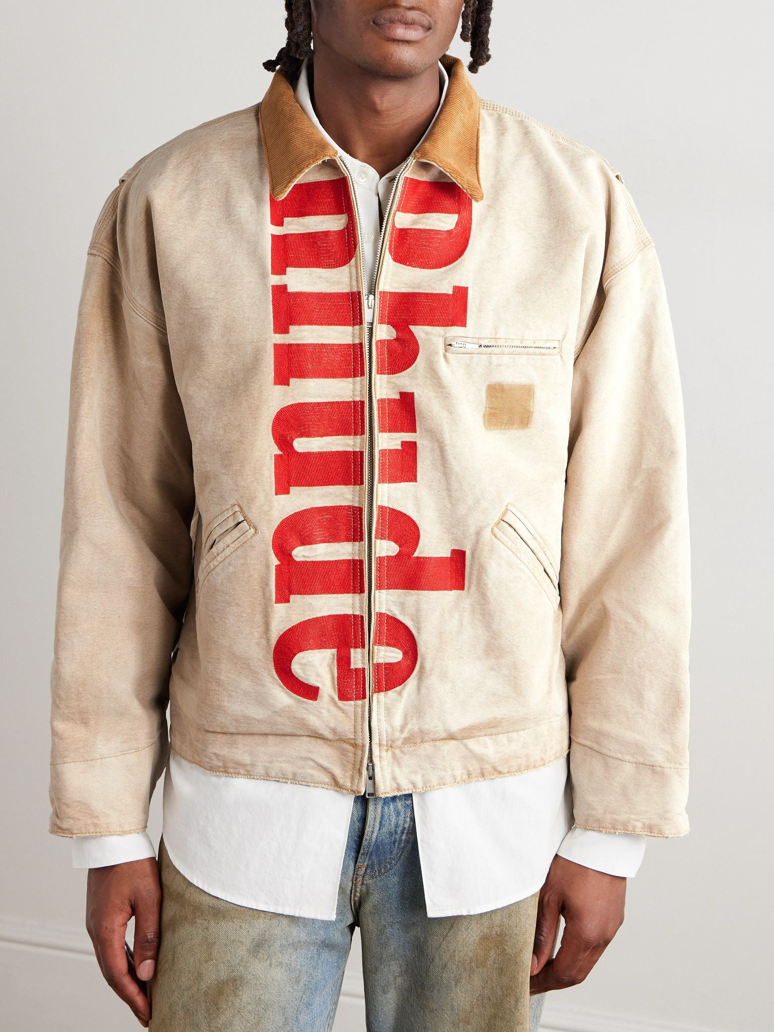 Corduroy-Trimmed Logo-Print Distressed Cotton-Canvas Bomber Jacket Beige - 3
