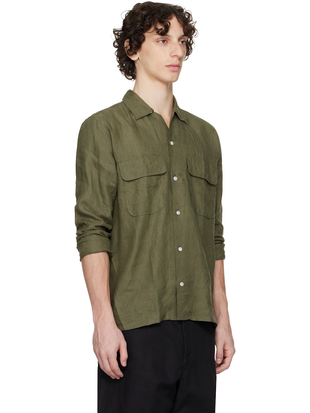 Khaki Linen Camp Collar Shirt - 2