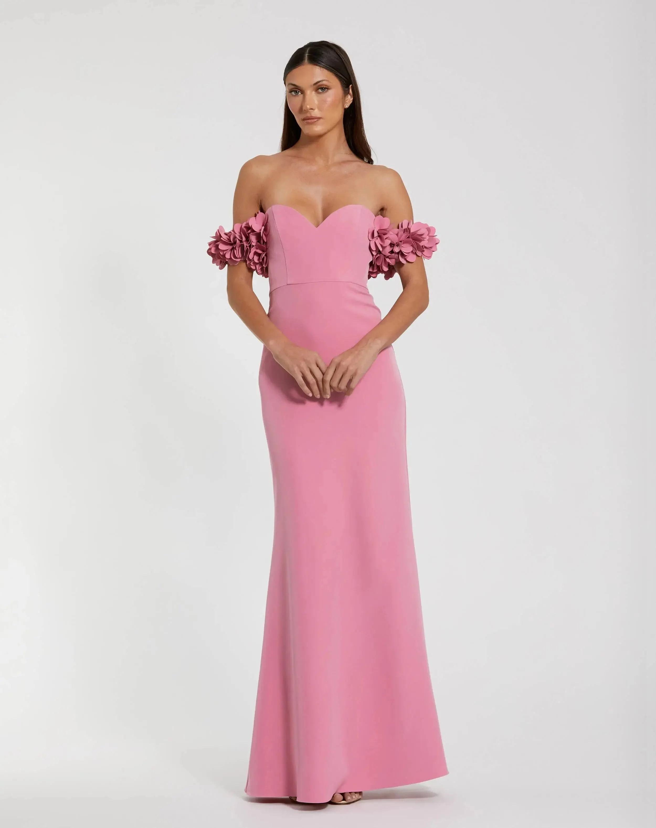 Rose Crepe Off The Shoulder Gown With 3D Flowers - 1
