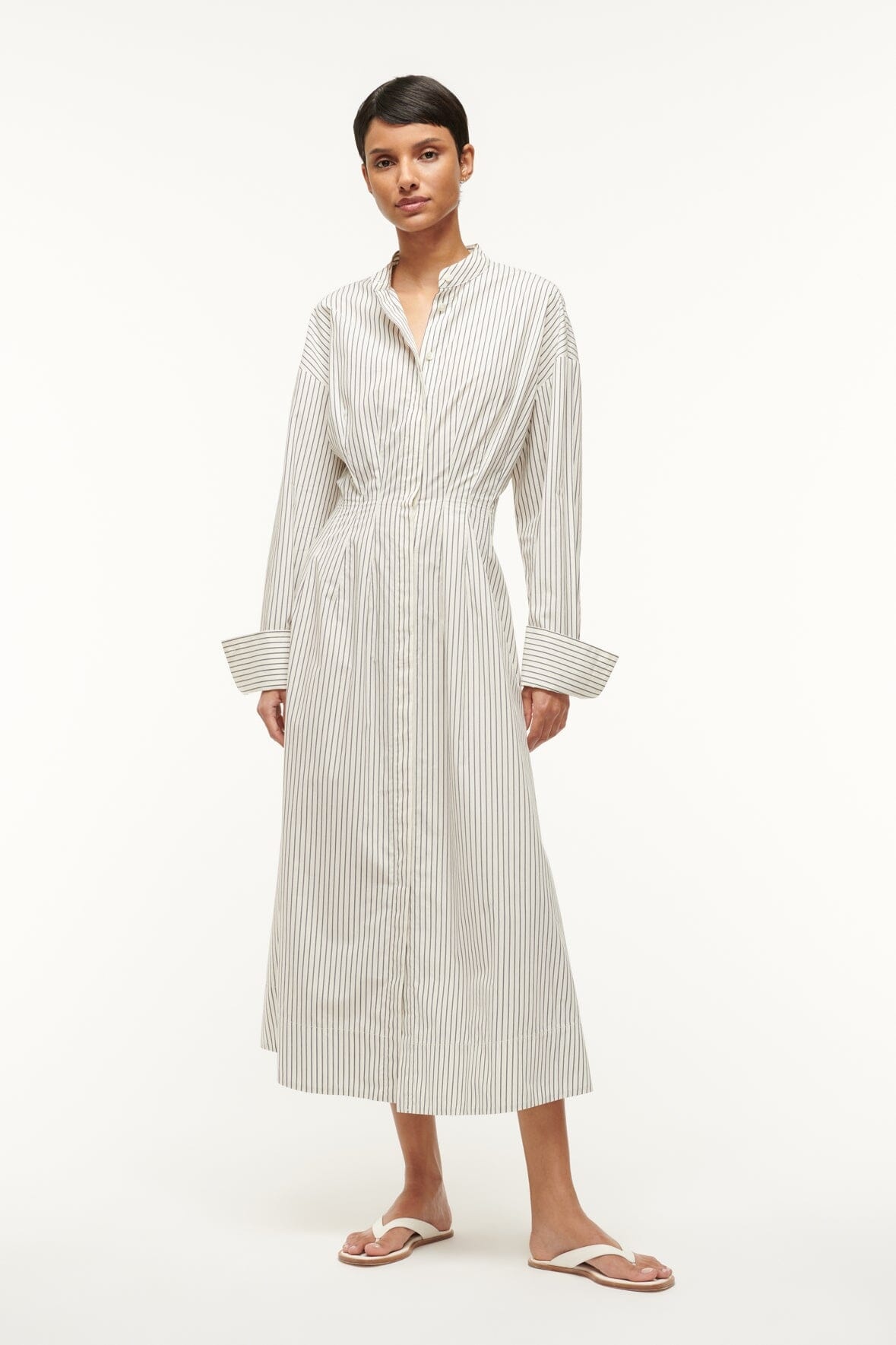 STAUD MIDI LORENZA DRESS IVORY MICRO STRIPE - 1