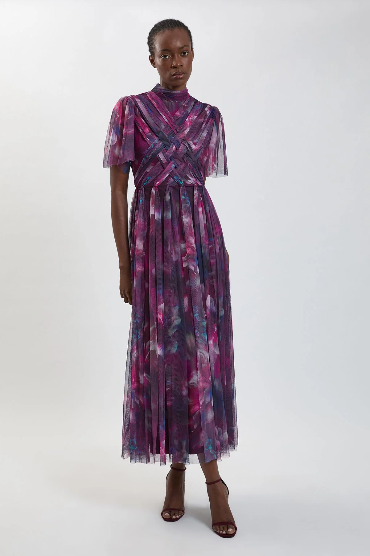 Blurred Floral Cross Detail Tulle Maxi Dress - 1