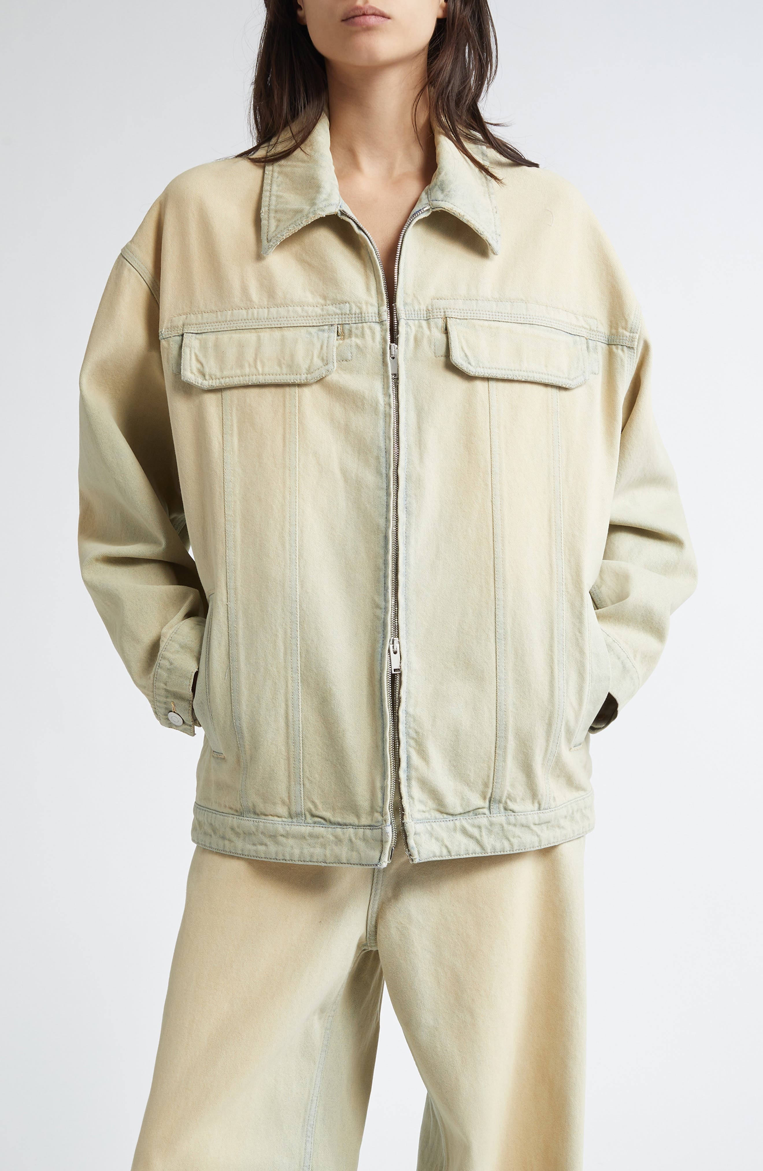 Stella McCartney Overdyed Distress Denim Cargo Jacket in Sand Denim Overdyed at Nordstrom - 1