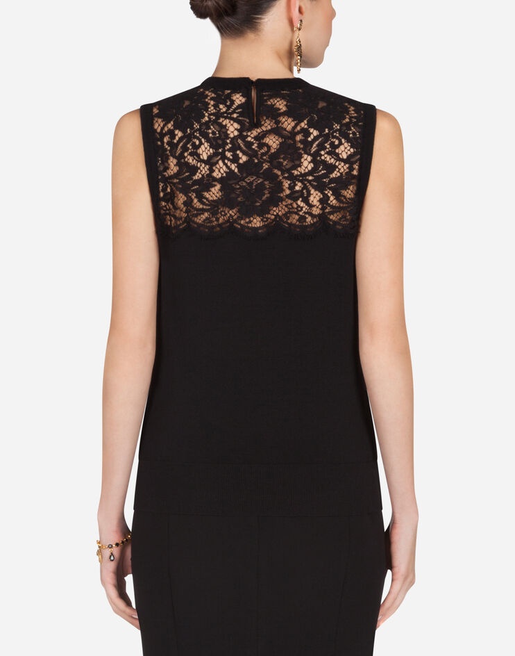 Sleeveless virgin wool and lace top - 2