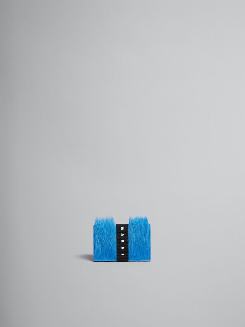 BLUE LONG-HAIR CALFSKIN TRIFOLD WALLET WITH LOGO STRAP 1