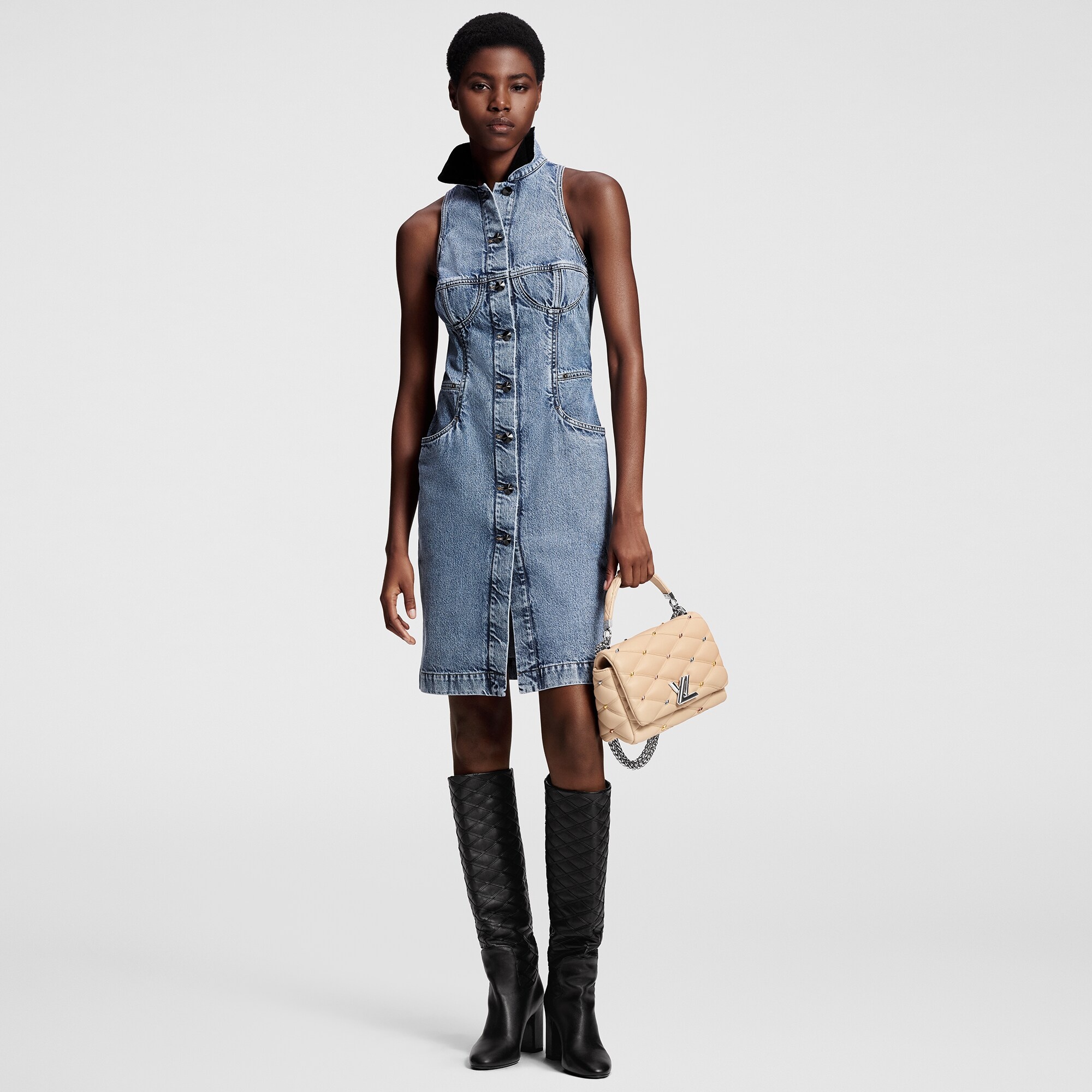 Velvet Accent Denim Dress - 4