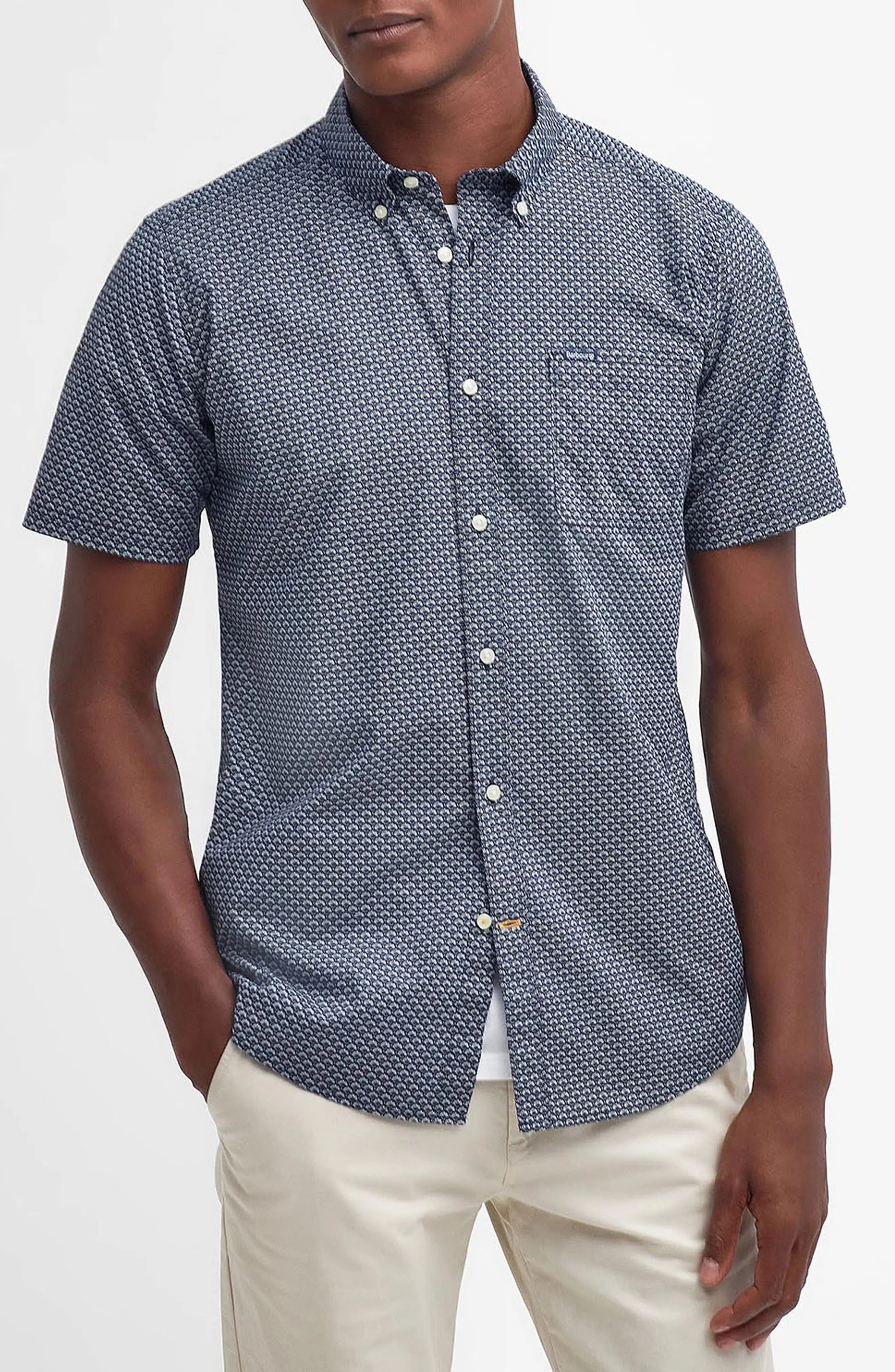 Tailored Fit Scallop Print Short Sleeve Cotton Button-Down Shirt - 1