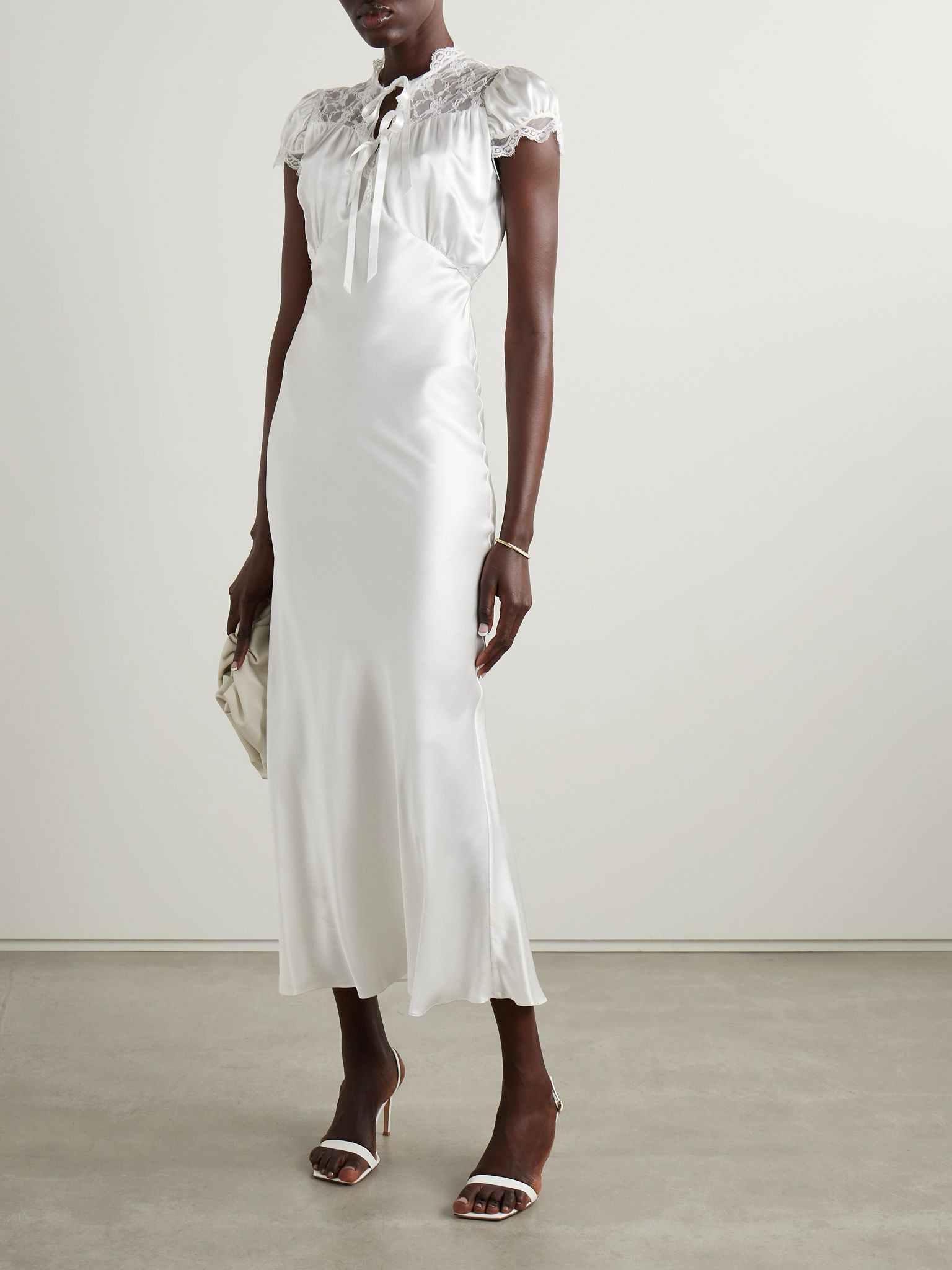 Lace-trimmed silk-satin midi dress Off-white - 2