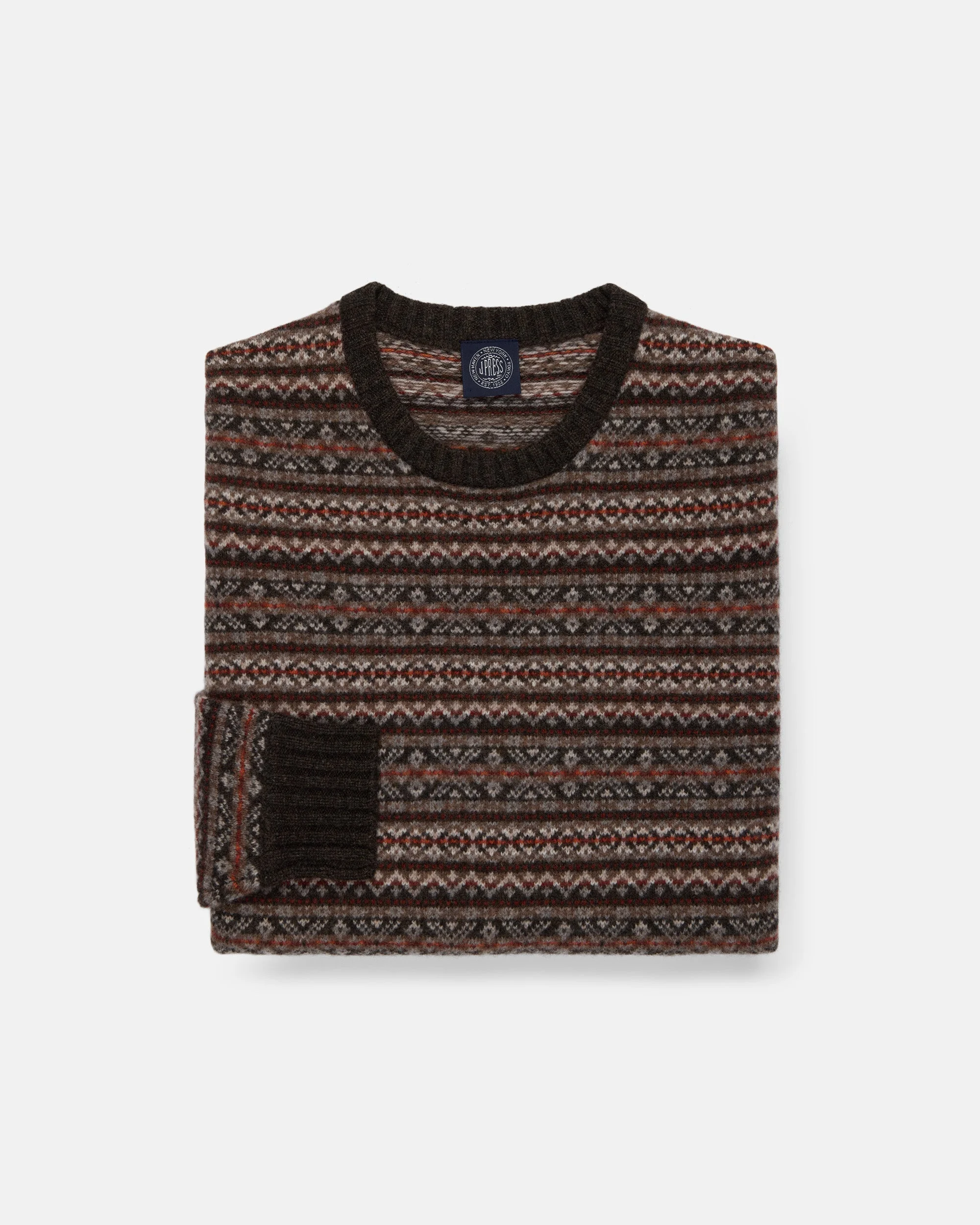 BROWN LAMBSWOOL FAIR ISLE CREWNECK SWEATER - TRIM FIT - 1