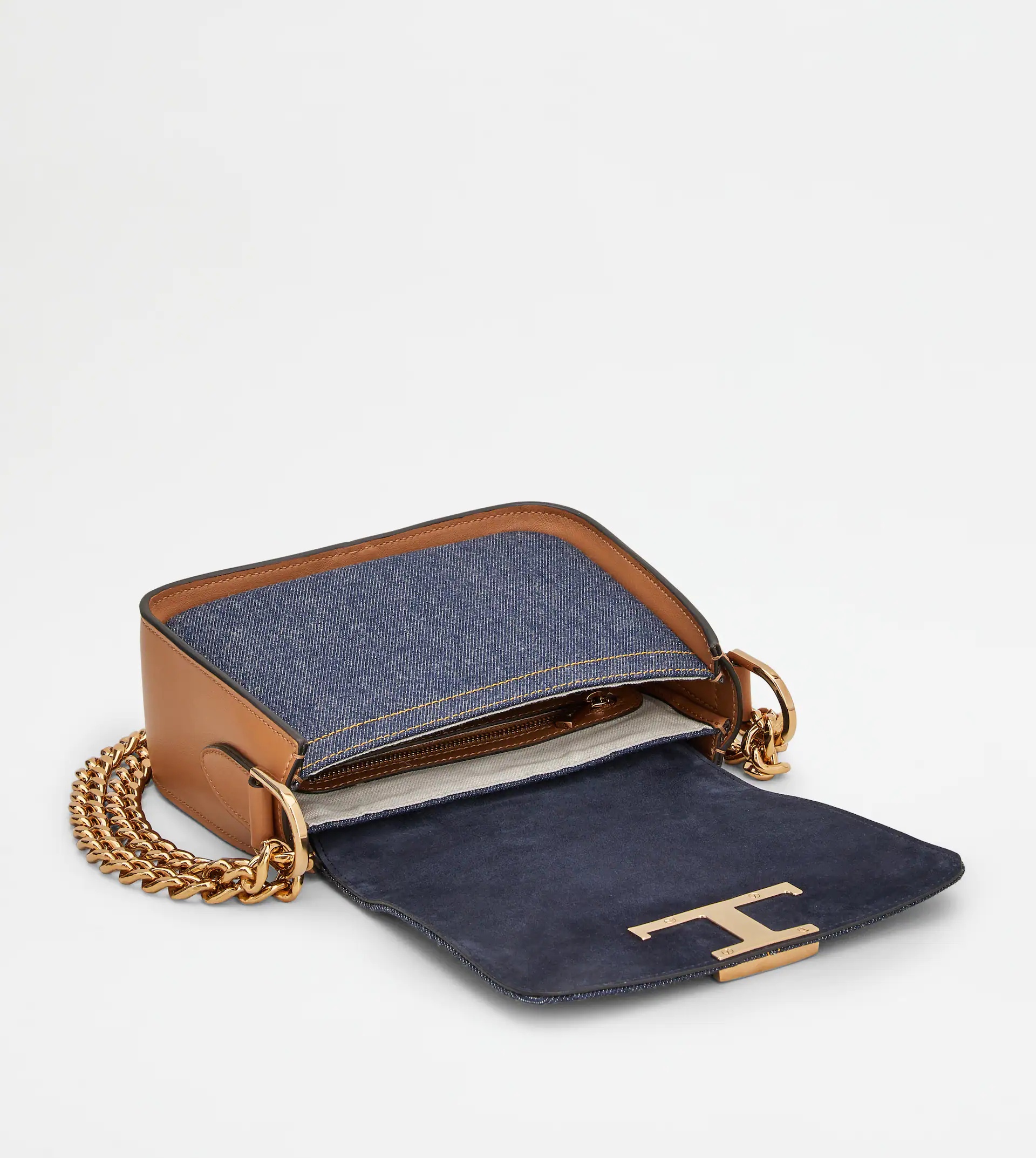 TIMELESS CROSSBODY BAG IN LEATHER AND DENIM - BROWN, BLUE - 4