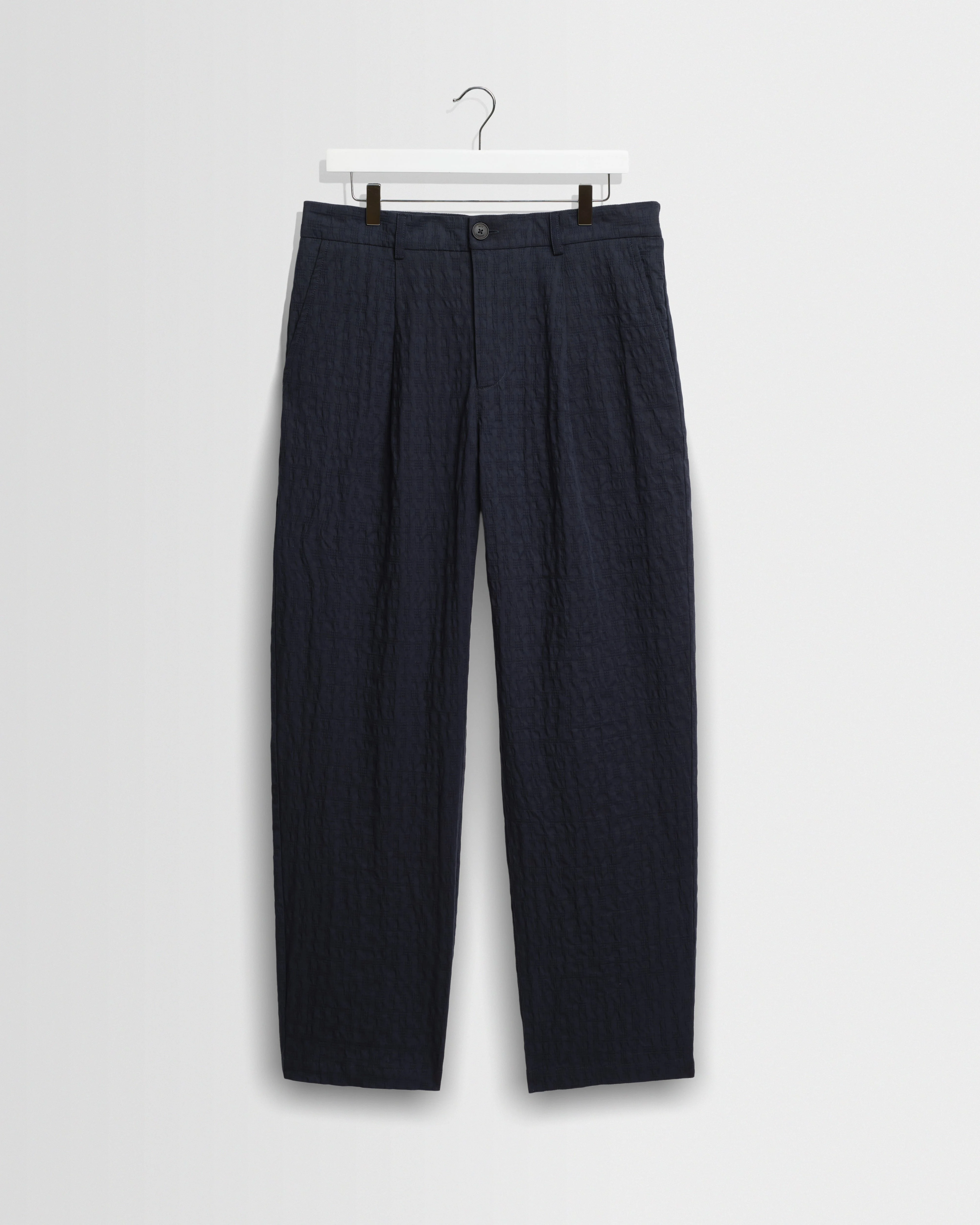 Malham - Navy Dobby Cotton Wide Fit Trousers - 1