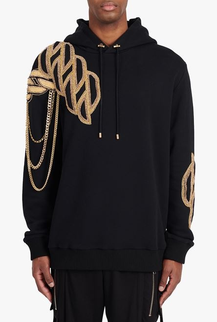 Black cotton sweatshirt with embroidered gold Balmain Paris logo - 5