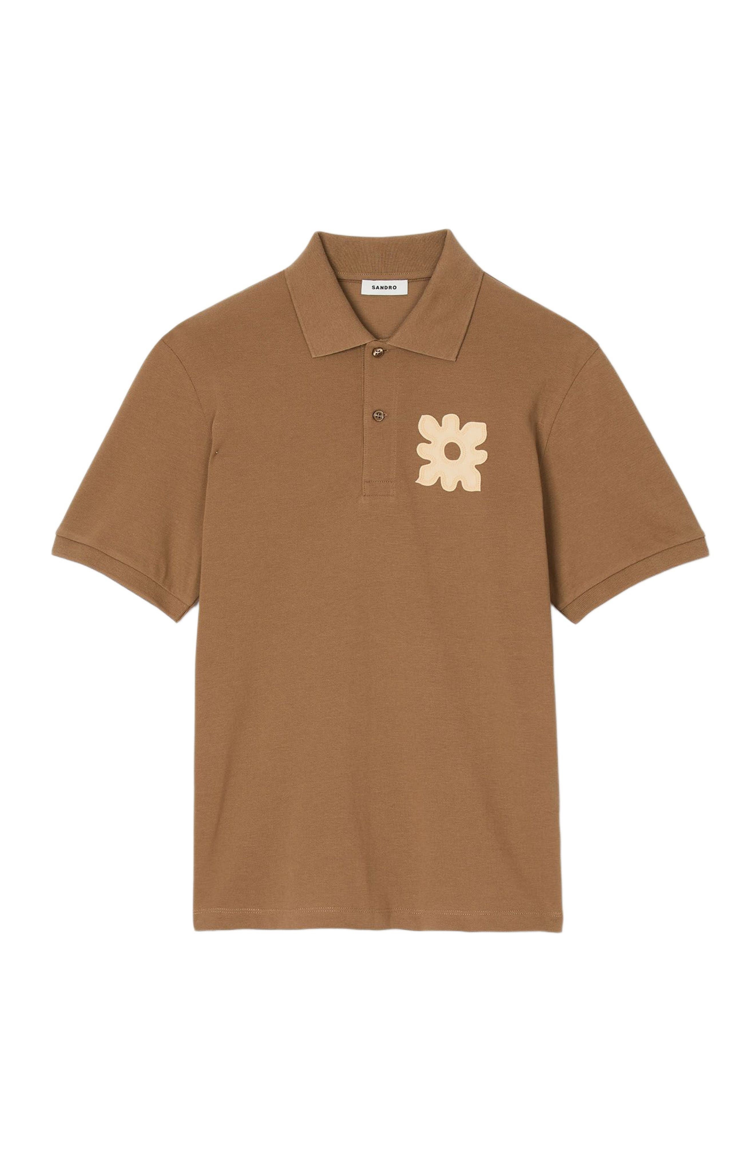 SANDRO Polo shirt with flower patch in Nut at Nordstrom - 5