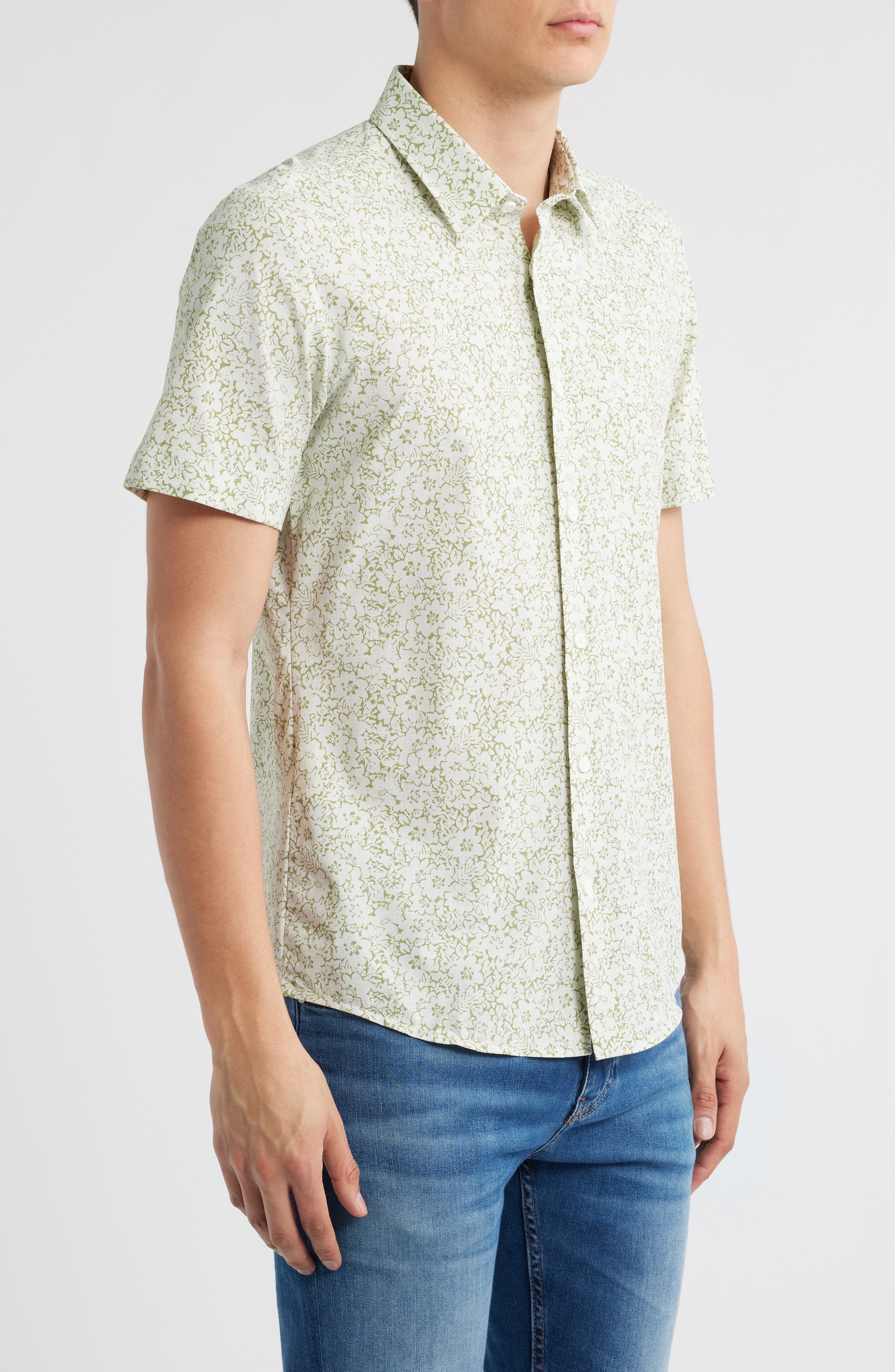 BOSS Roan Floral Short Sleeve Stretch Button-Up Shirt in Medium Green at Nordstrom - 4