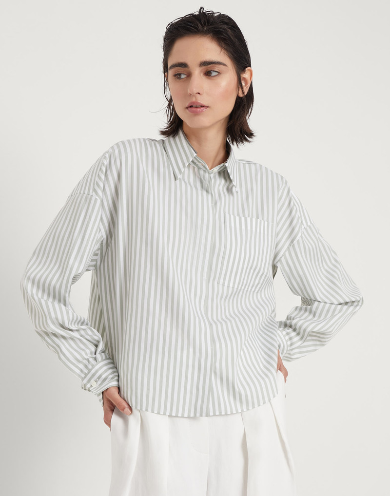 Cotton and silk striped poplin shirt with shiny collar - 1