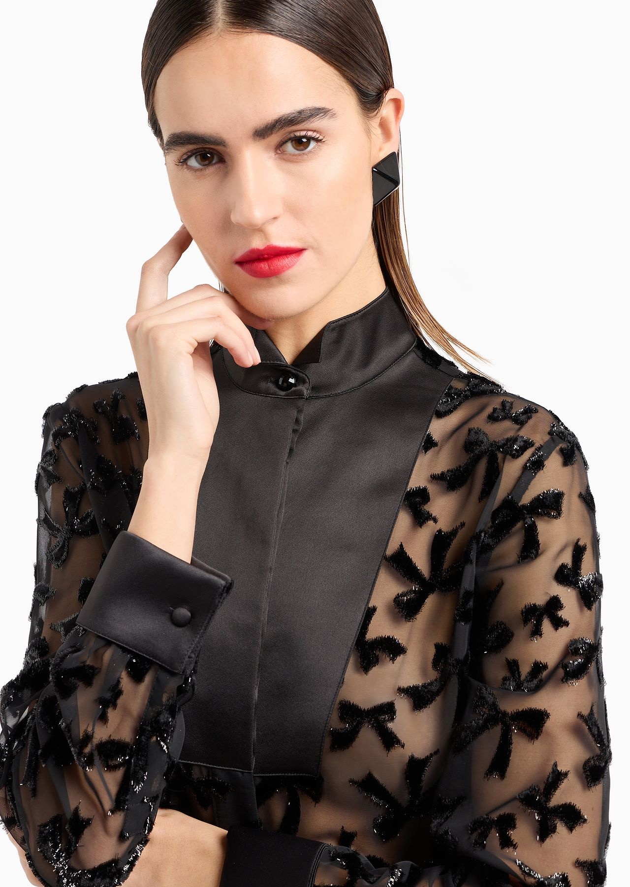 Devoré chiffon shirt with an all-over flocked pattern with lurex bows - 4