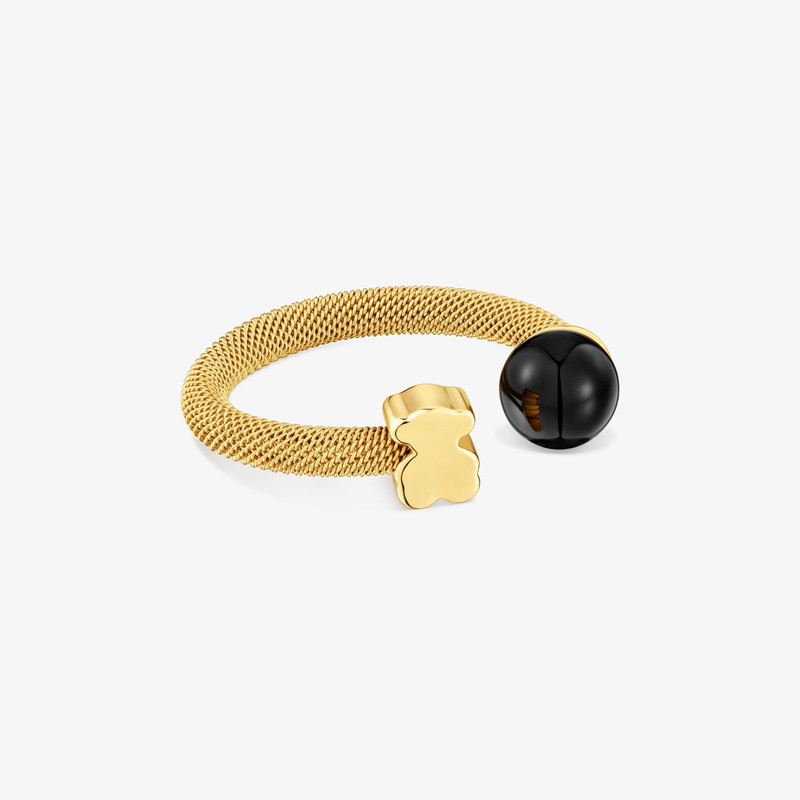 TOUS Gold-colored steel Open ring with onyx Icon Mesh outlook