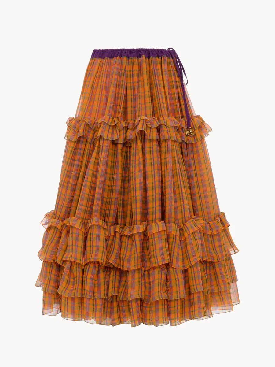 RUFFLED LONG SKIRT IN CHECK SILK MOUSSELINE - 1