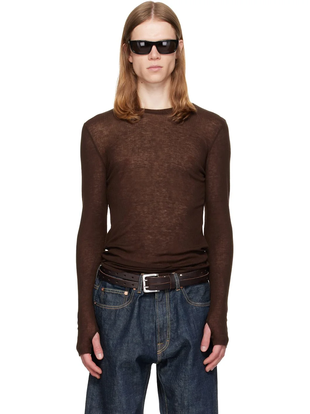 Brown Sheer Wool Ribbed Knit Sweater - 1