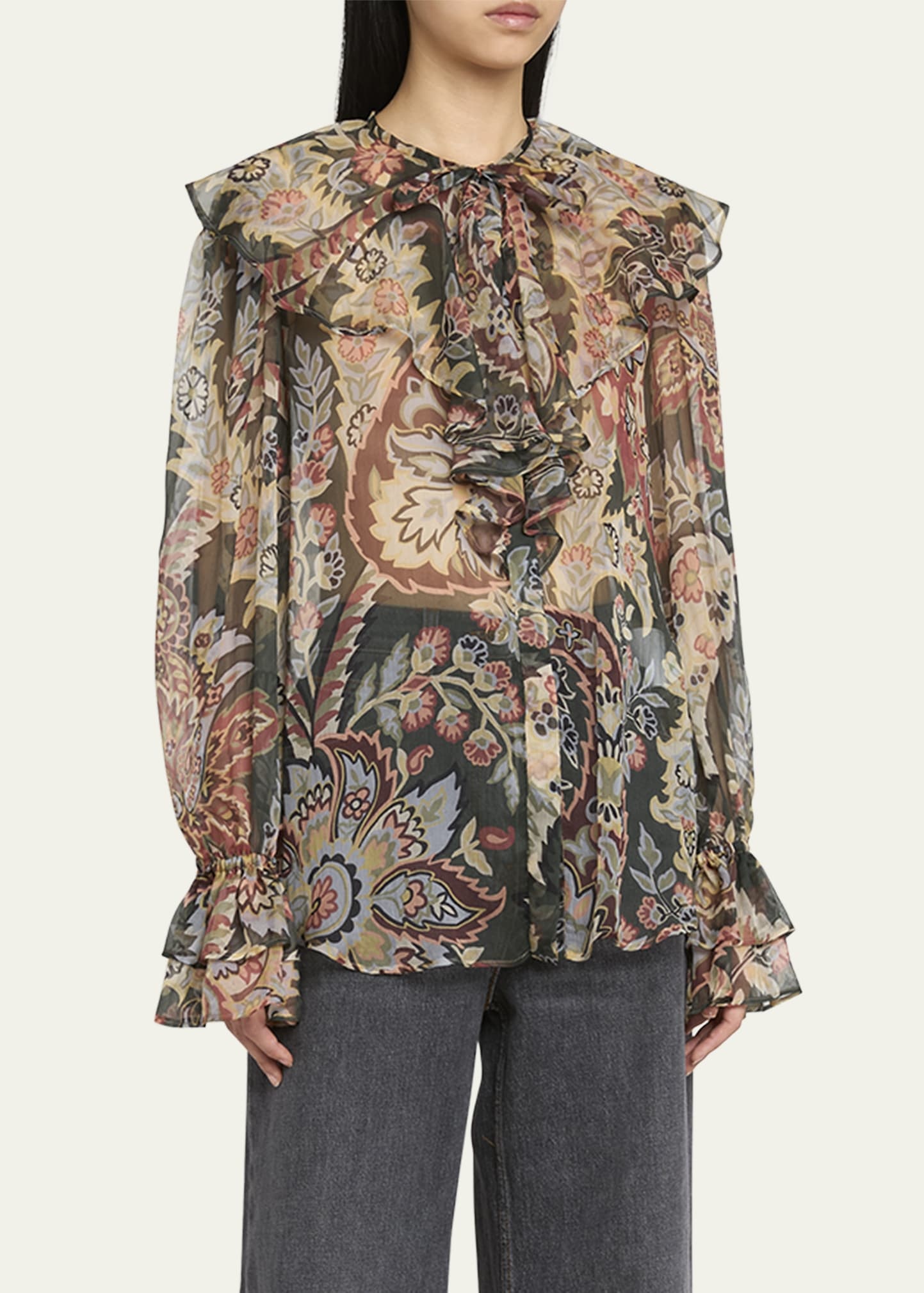 Printed Ruffle Button Down Silk Blouse - 4