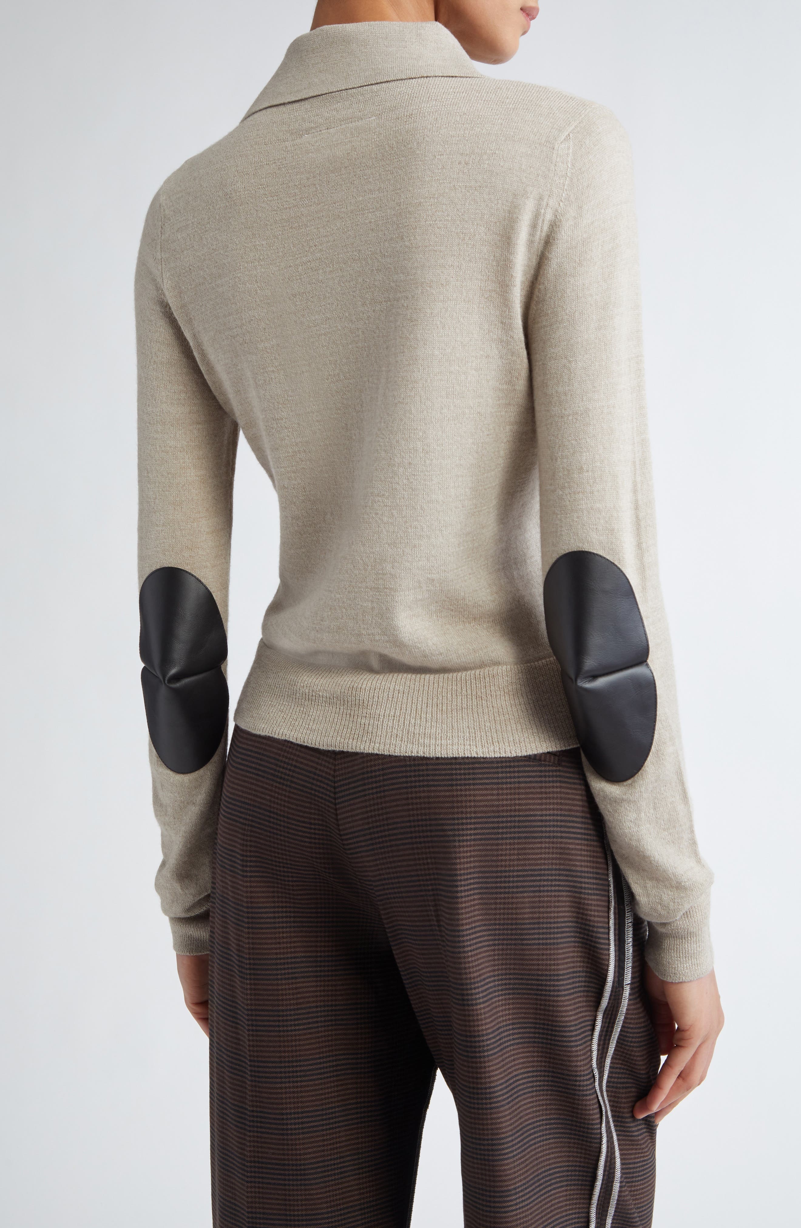 MM6 Maison Margiela Virgin Wool Blend Cardigan with Leather Elbow Patches in Beige Melange at Nordst - 3