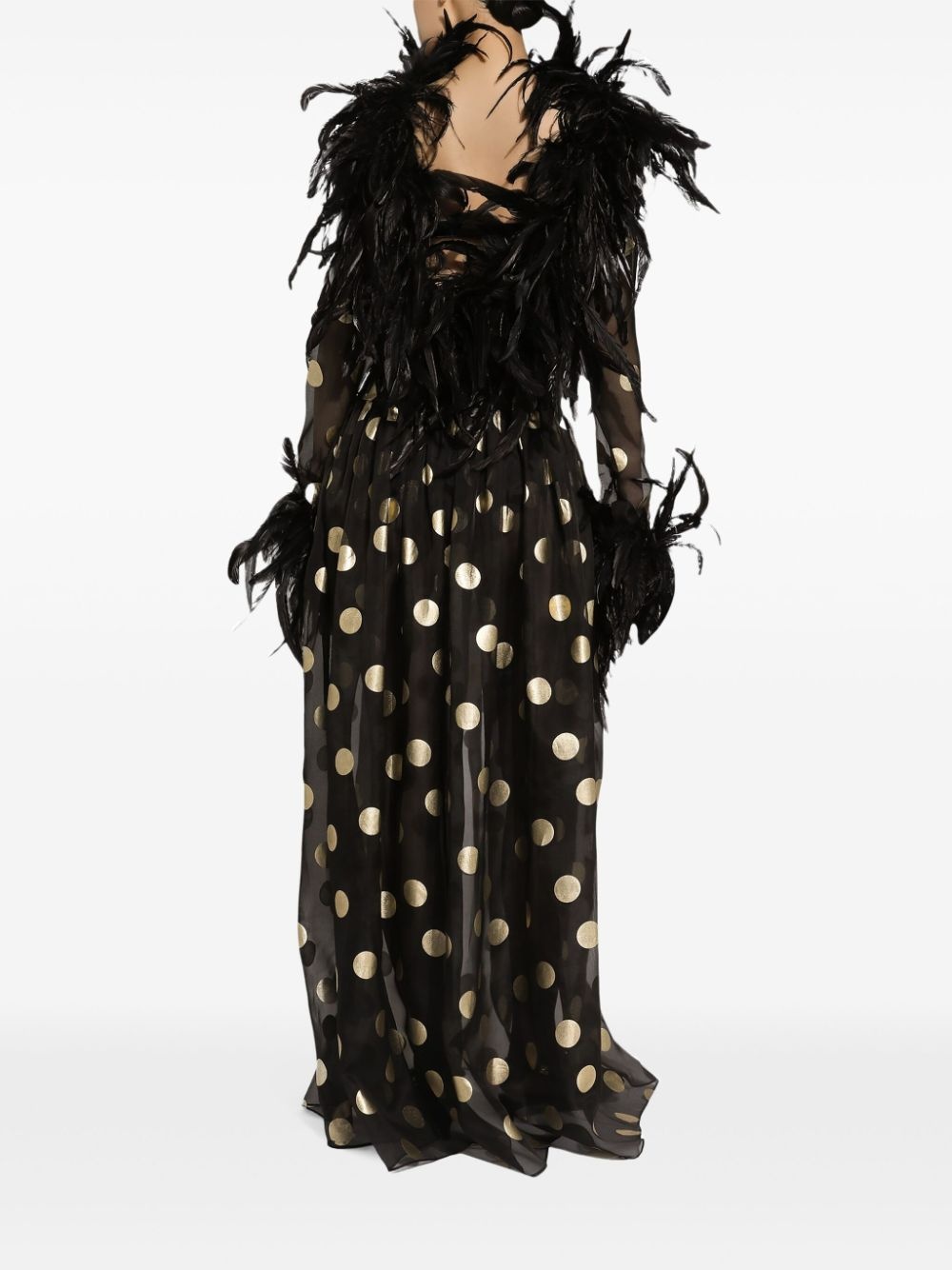 feather-trim polka-dot dress - 4