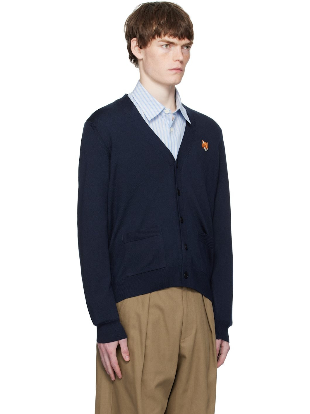 Navy Bold Fox Head Patch Cardigan - 2