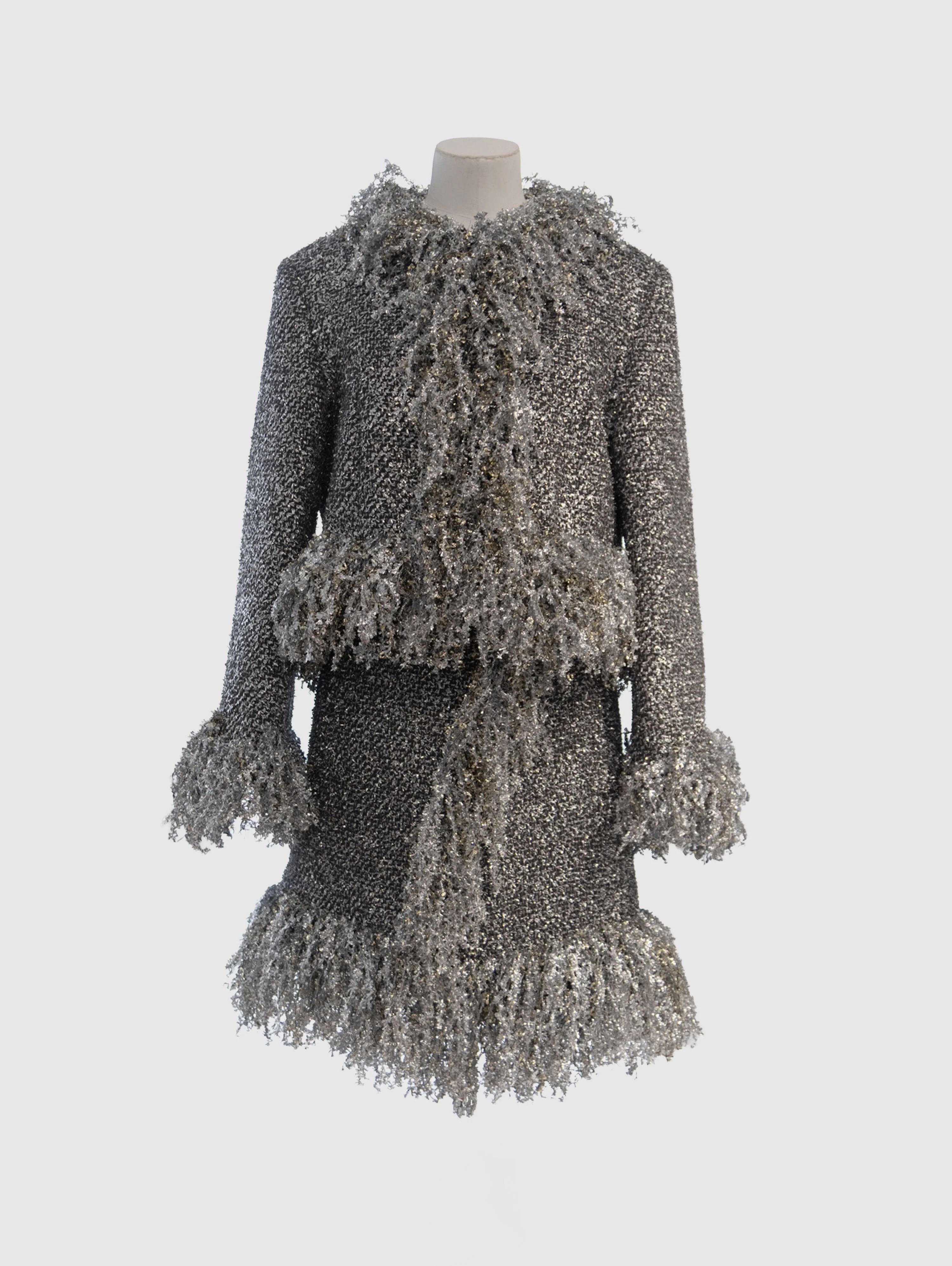 PRE-ORDER/ SILVER METALLIC CROPPED FRINGE JACKET - 1