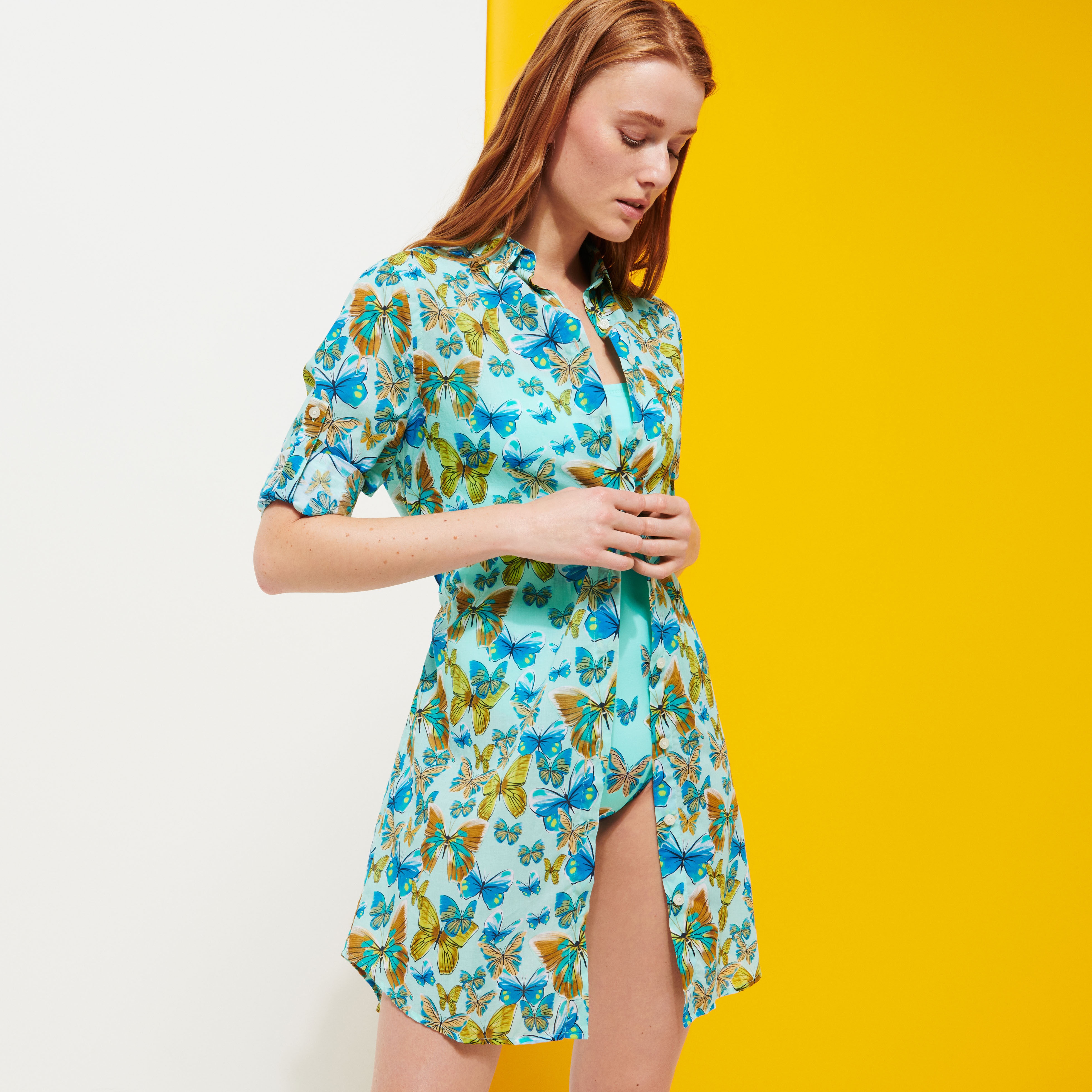Women Cotton Shirt Dress Butterflies - 6