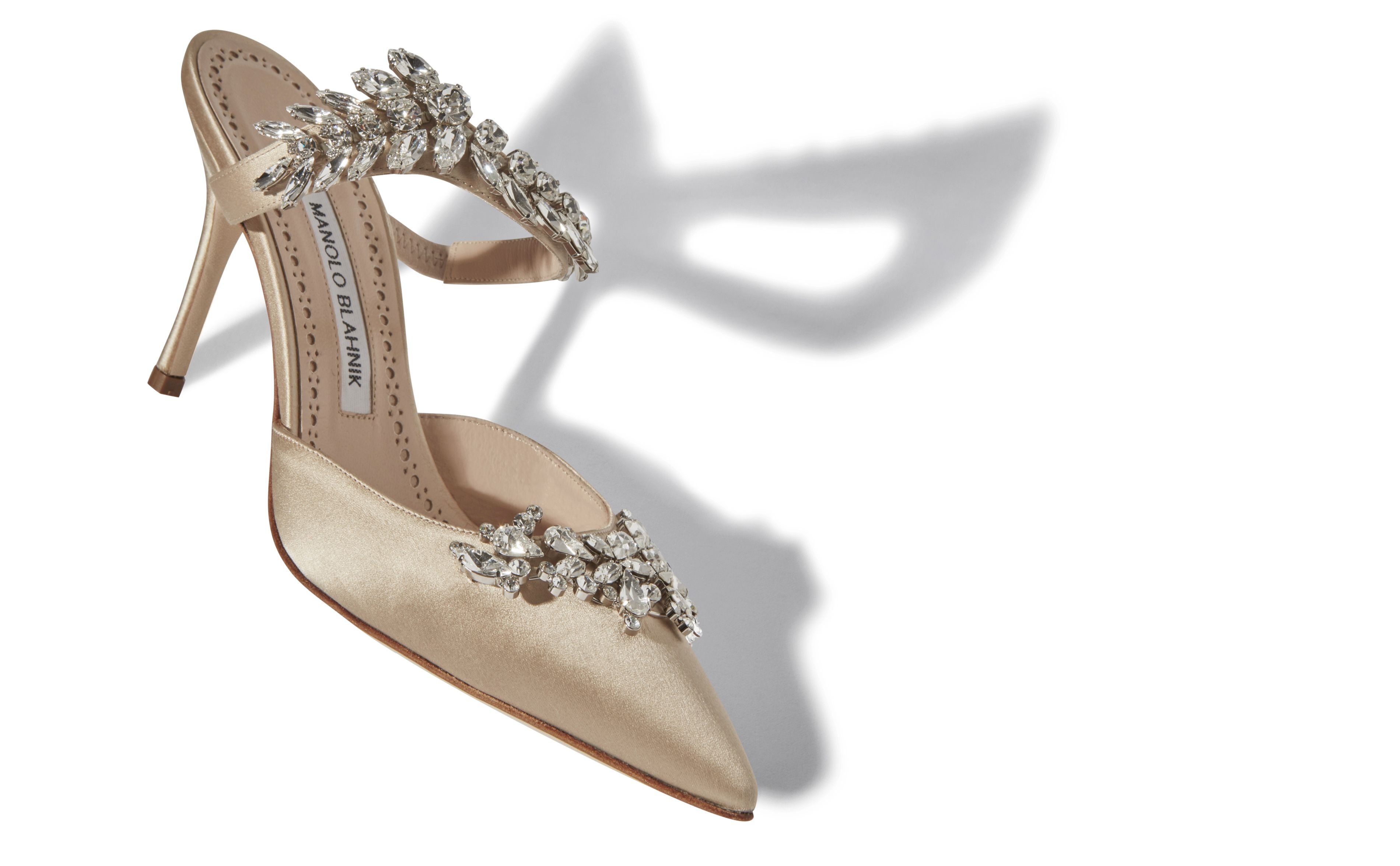 Champagne Satin Crystal Embellished Mules - 2