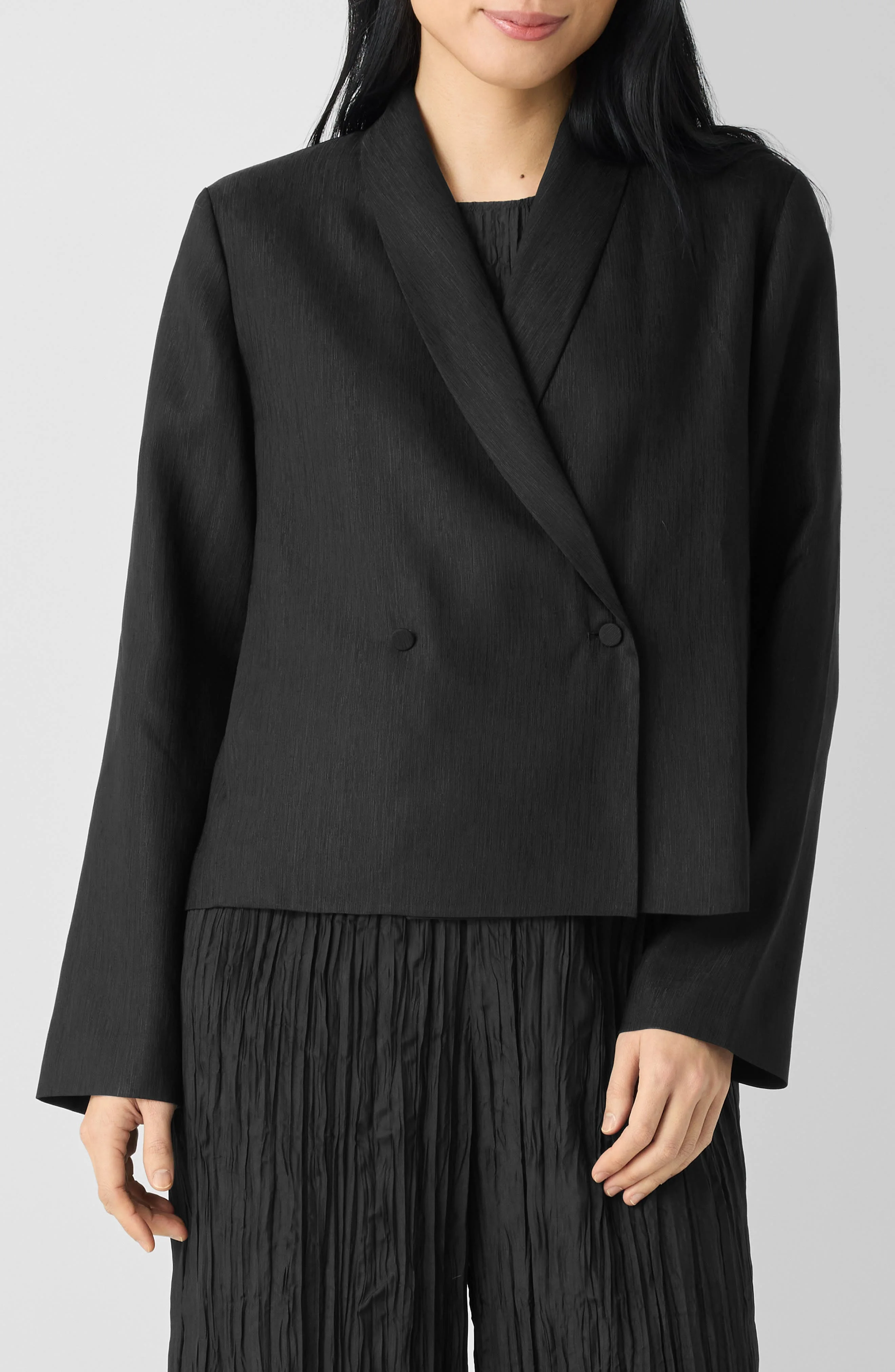 Eileen Fisher Shawl Collar Textured Silk Weave Double Breasted Jacket in Black at Nordstrom - 1